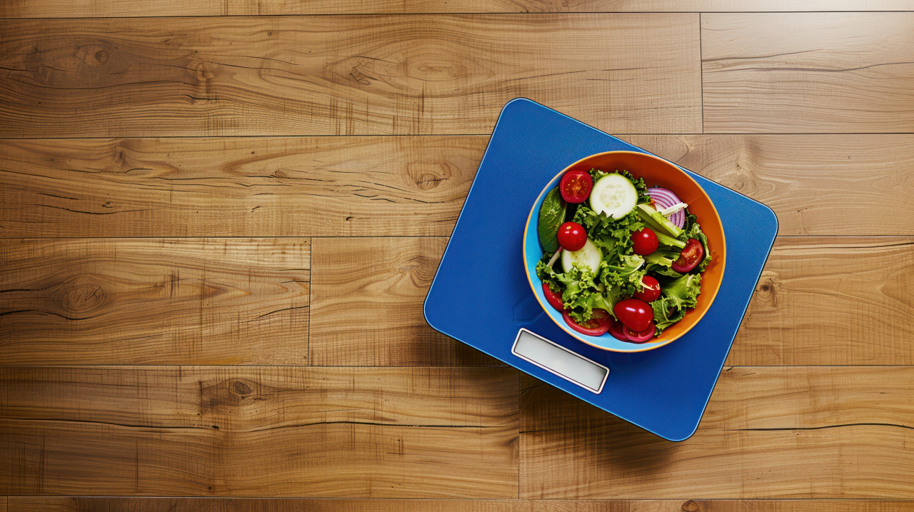 Blue digital bathroom scale and salad on wooden surface, symbolize weight loss