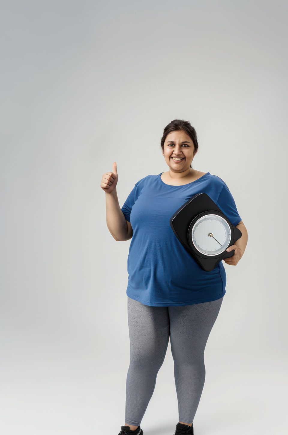 An overweight indian woman smiling while holding up her weight scale, celebrating progress in weight management, weight loss