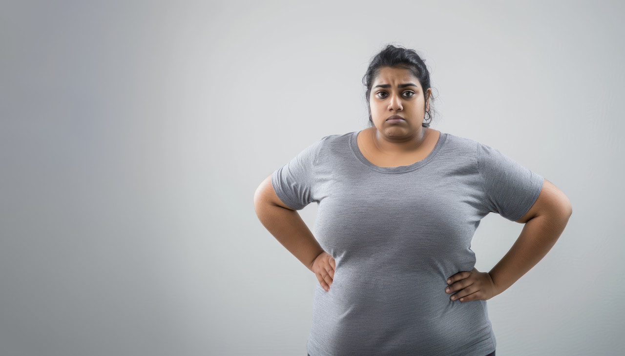 Chubby indian woman standing with hands on hips looking stressed on a white background,  body language showing tension, weight loss
