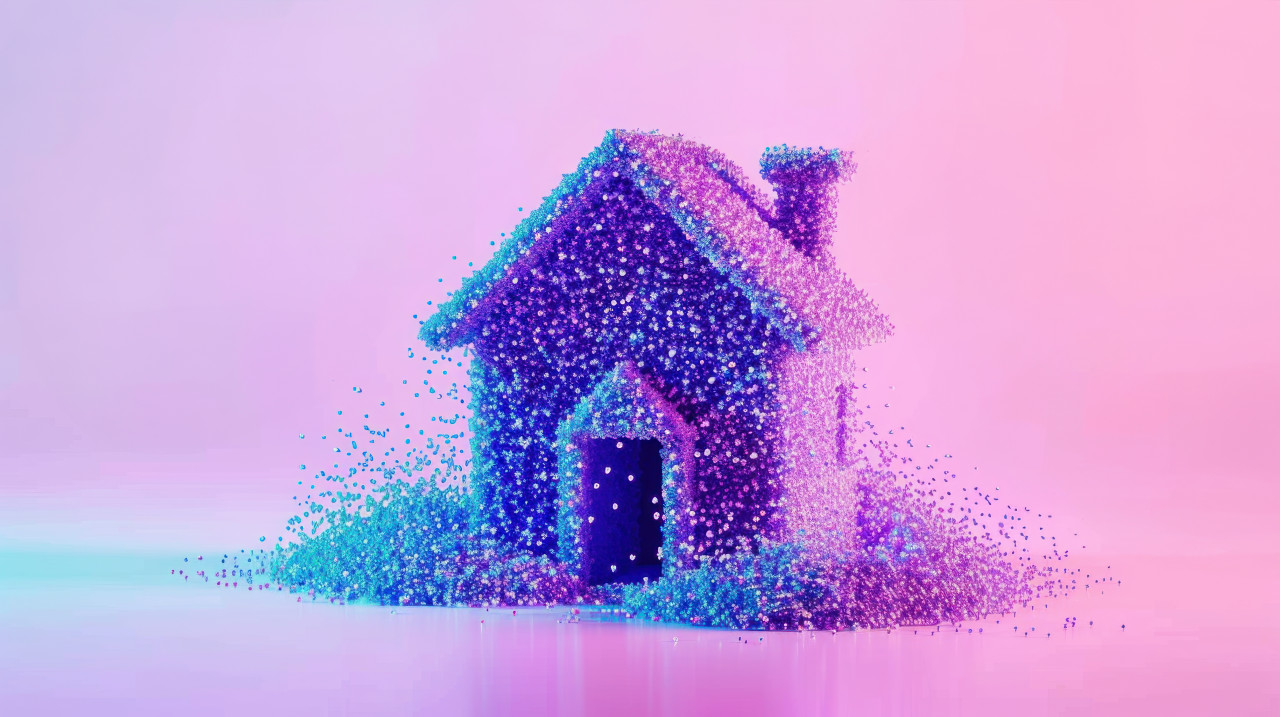 House built from tiny purple and blue particles showcasing innovative real estate investment concept