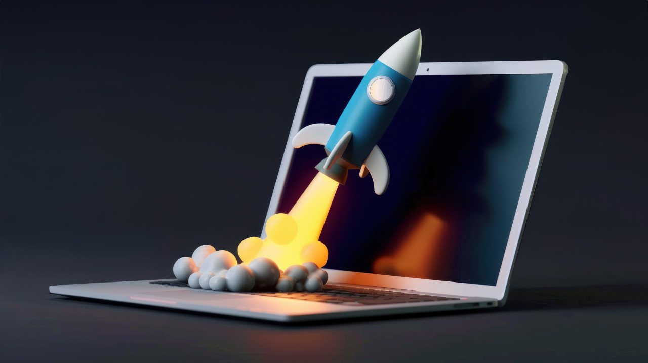 3d rocket coming out of laptop on dark background symbolizing business startup and innovation
