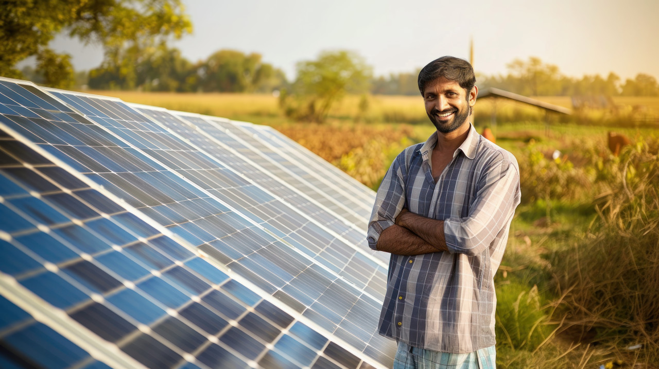 An indian farmer standing in front of solar panels in a rural field sustainability theme