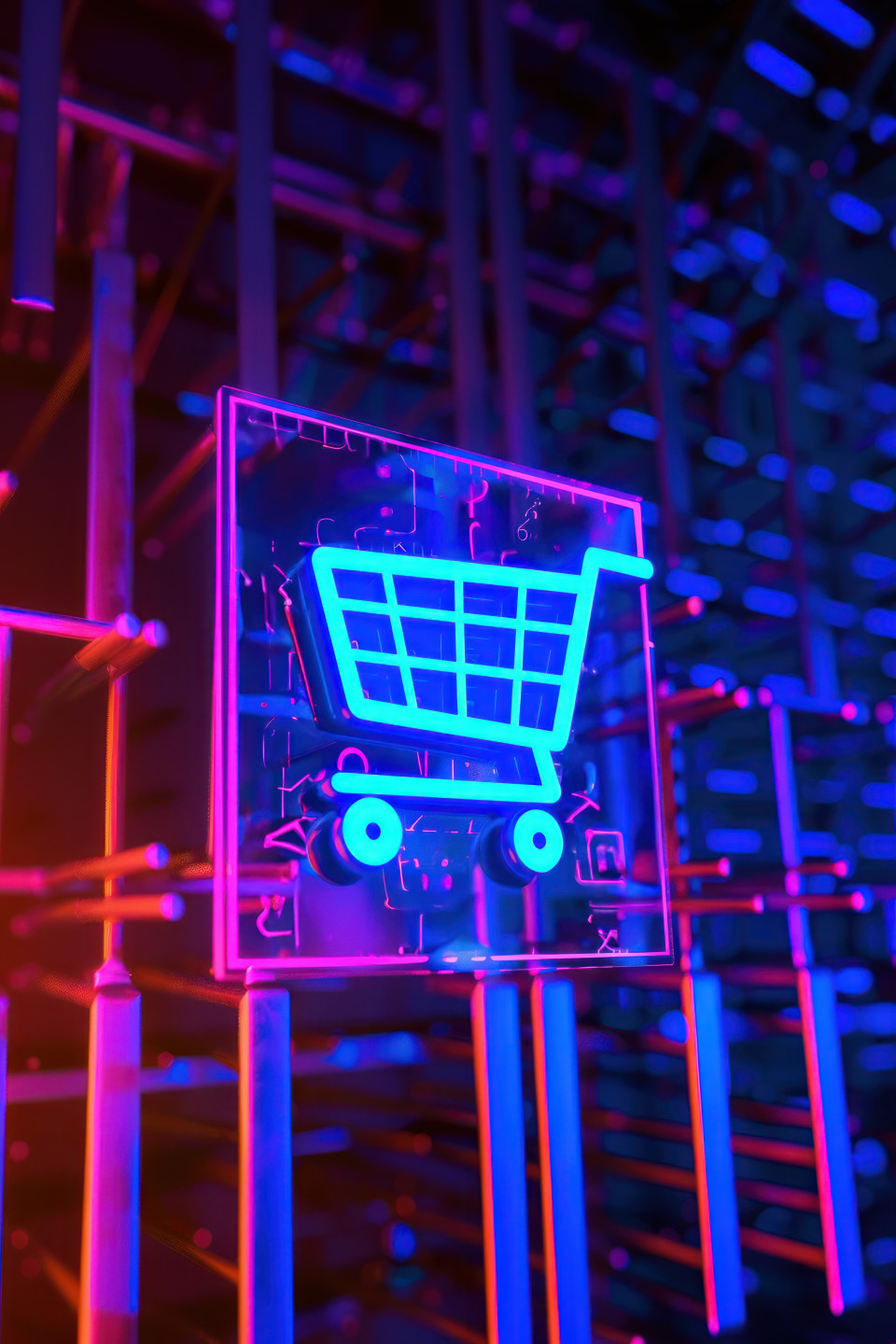 Glowing neon blue and purple shopping cart icon on digital background, representing online shopping
