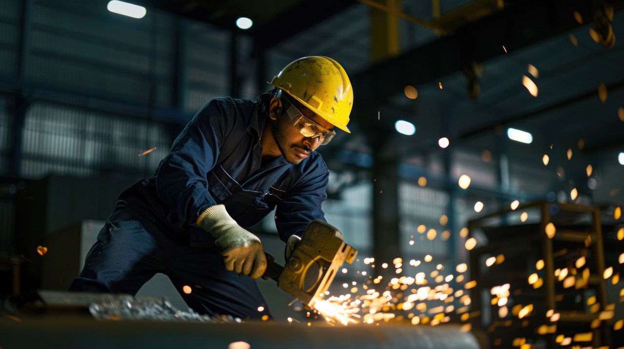An indian worker wearing a hard hat using an anglesmith to cut metal in factory safety theme