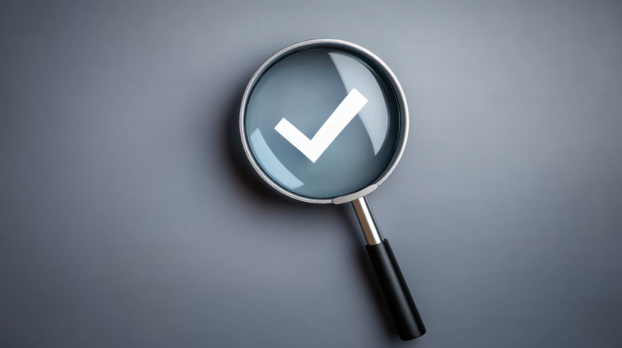 Magnifying glass over checkmark icon on grey background symbolizing business performance checklist, task verification