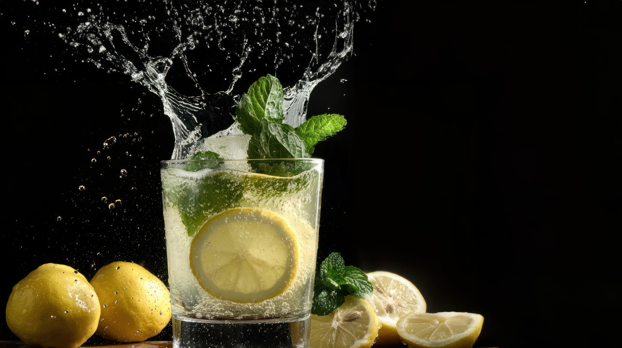 Glass of lemonade with mint and lemons water splashing around black background