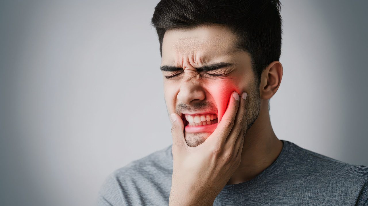 An indian man suffering from tooth pain holding his cheek against a gray background