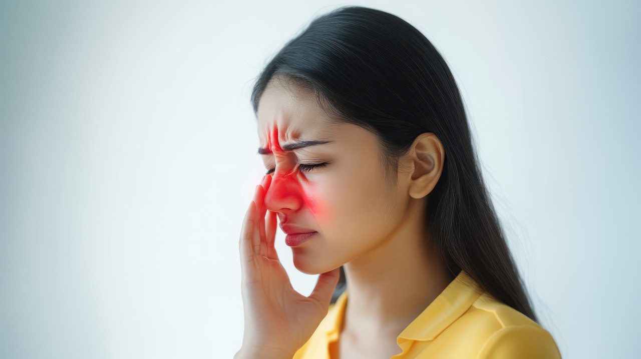 An indian woman touching her nose in pain isolated on a white background