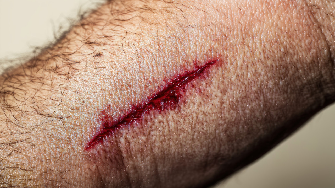 Arm with red discoloration and a small cut scar visible on the skin skin problem idea