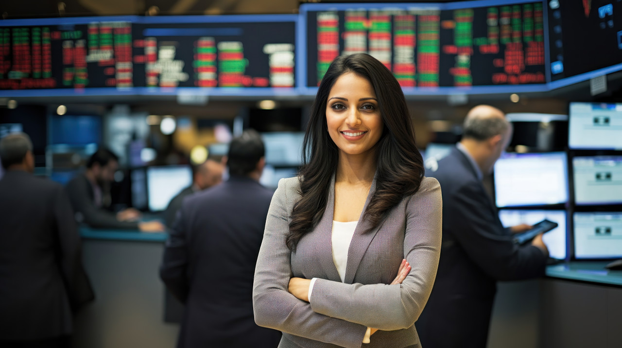 An indian woman standing while people work on computers behind her banking and finance concept