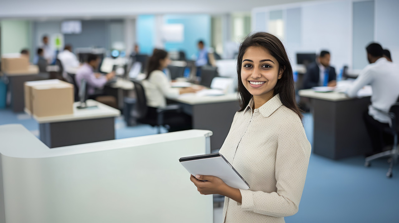 A professional indian woman standing in front of a desk at an office banking and finance theme