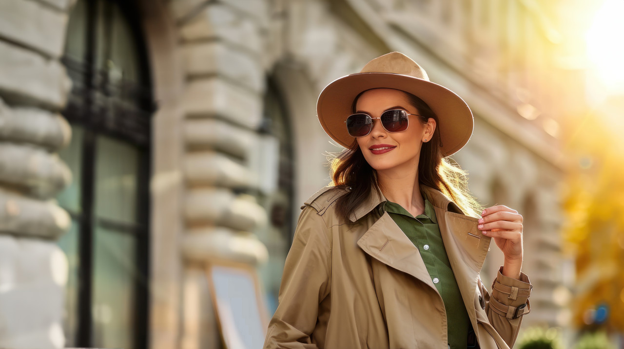 A woman sunglasses and trench coat holds hat while walking on the street with sunlit city background, showcasing fashion and lifestyle, stylish and urban look