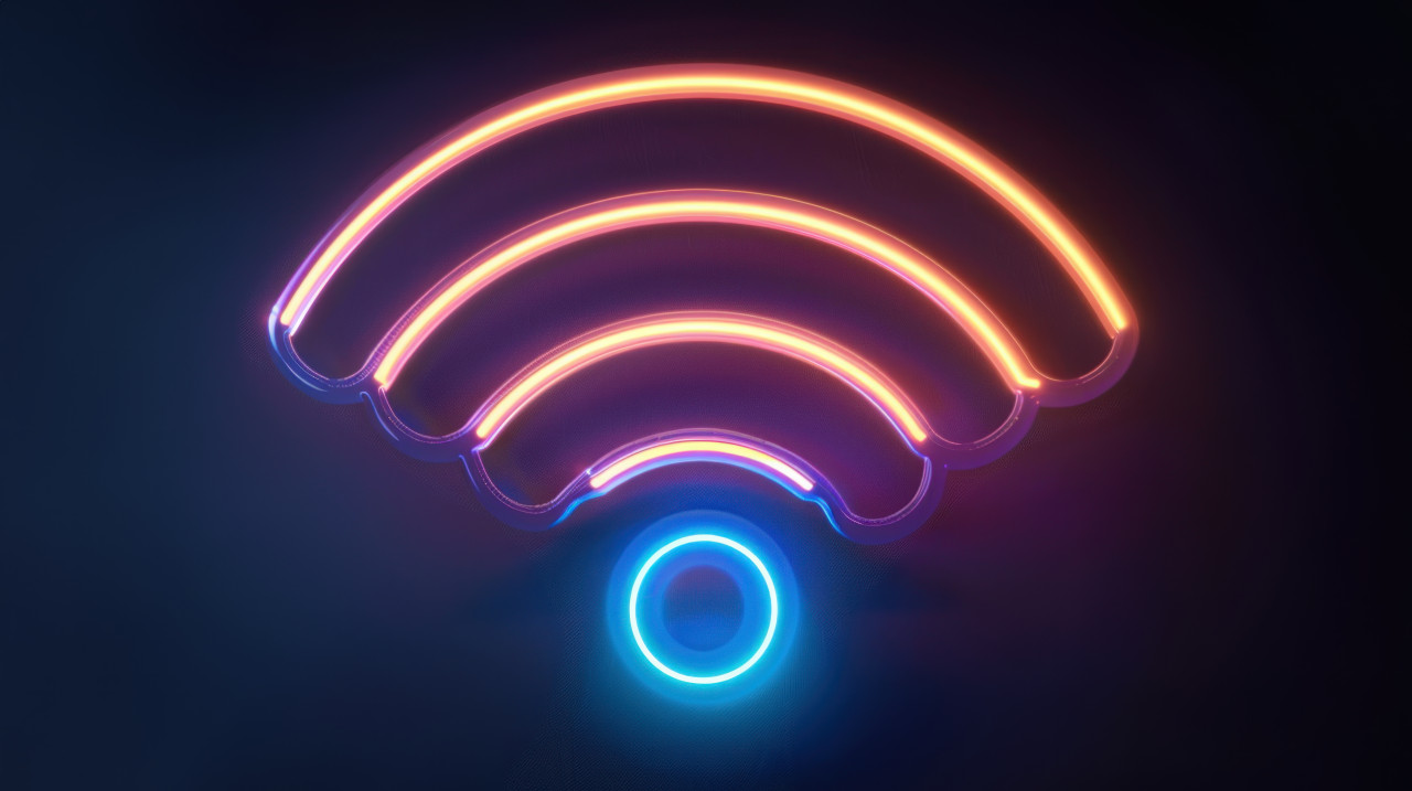 Neon glowing wifi icon on dark background modern technology concept