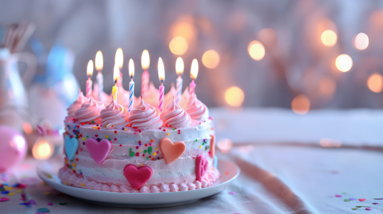 Birthday cake with pink frosting and colorful hearts adorned with burning candles