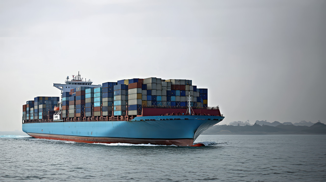 Large blue and red container ship filled with stacked containers sailing across the ocean