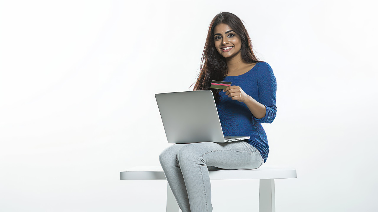 Indian woman sitting at a white table holding a credit card and a laptop atm service theme