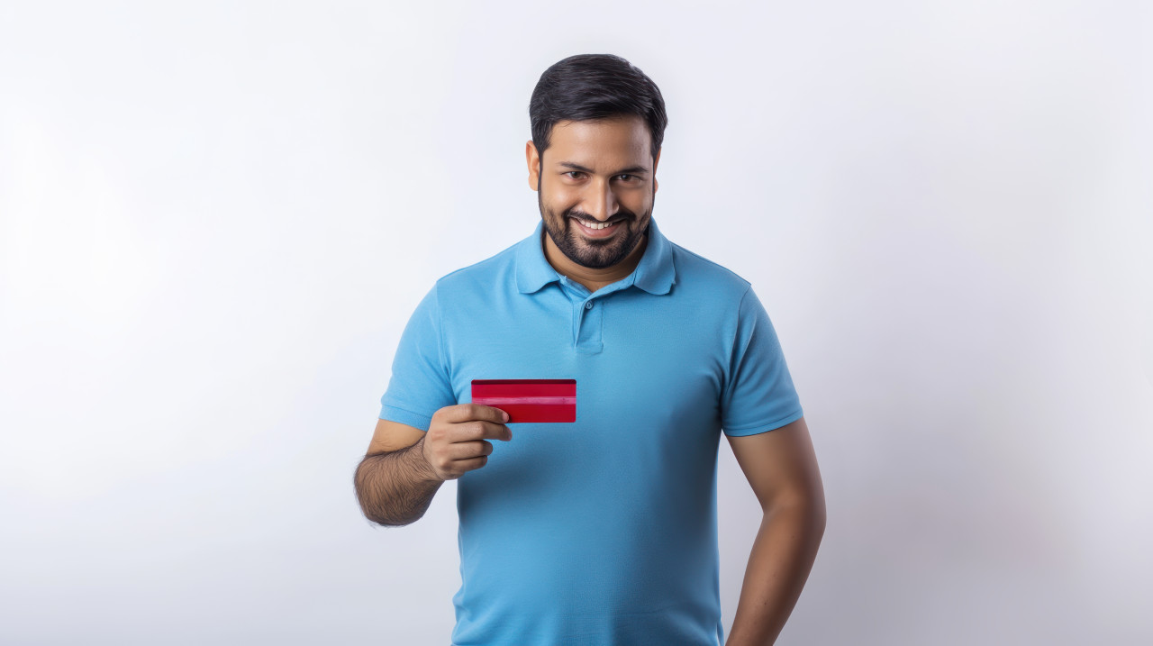 Indian man holding a red credit card and smiling at the camera atm service theme