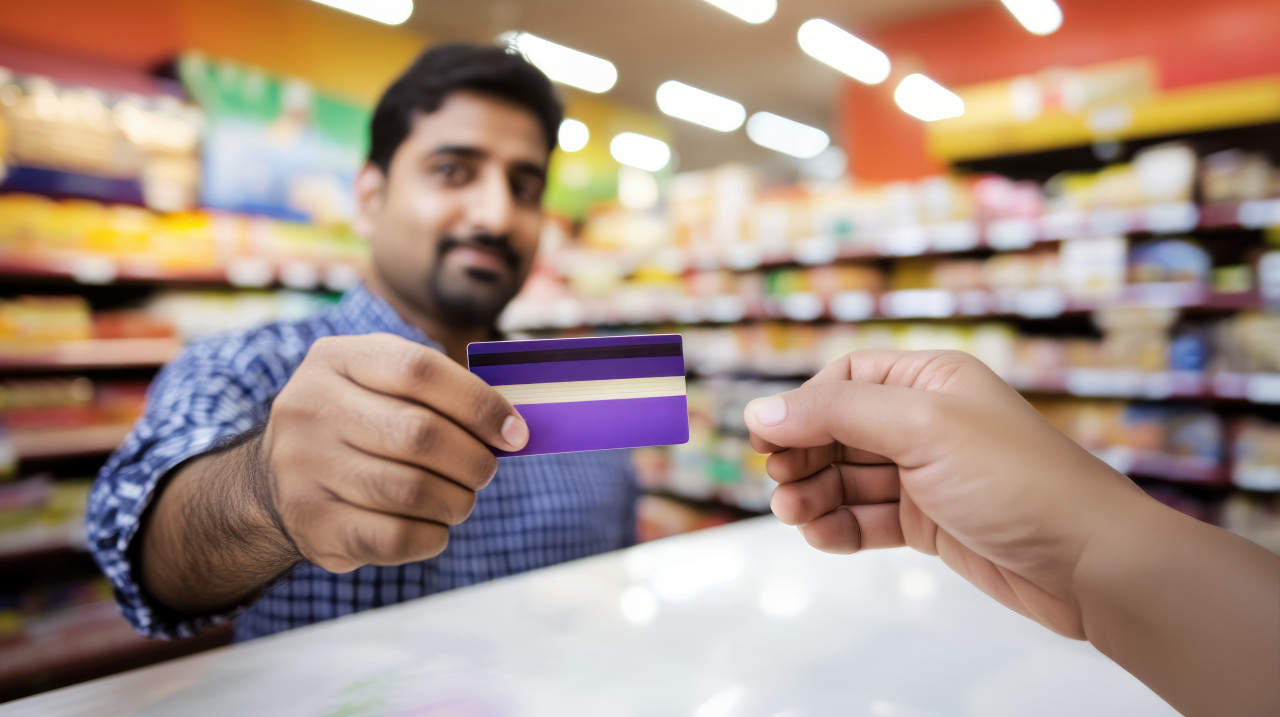Indian man paying with a credit card at a supermarket counter atm service theme