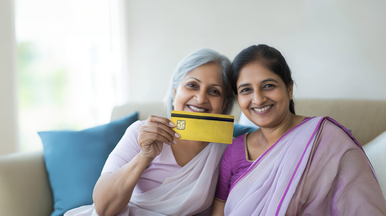 Indian woman sitting with her mother holding up a golden credit card atm service theme
