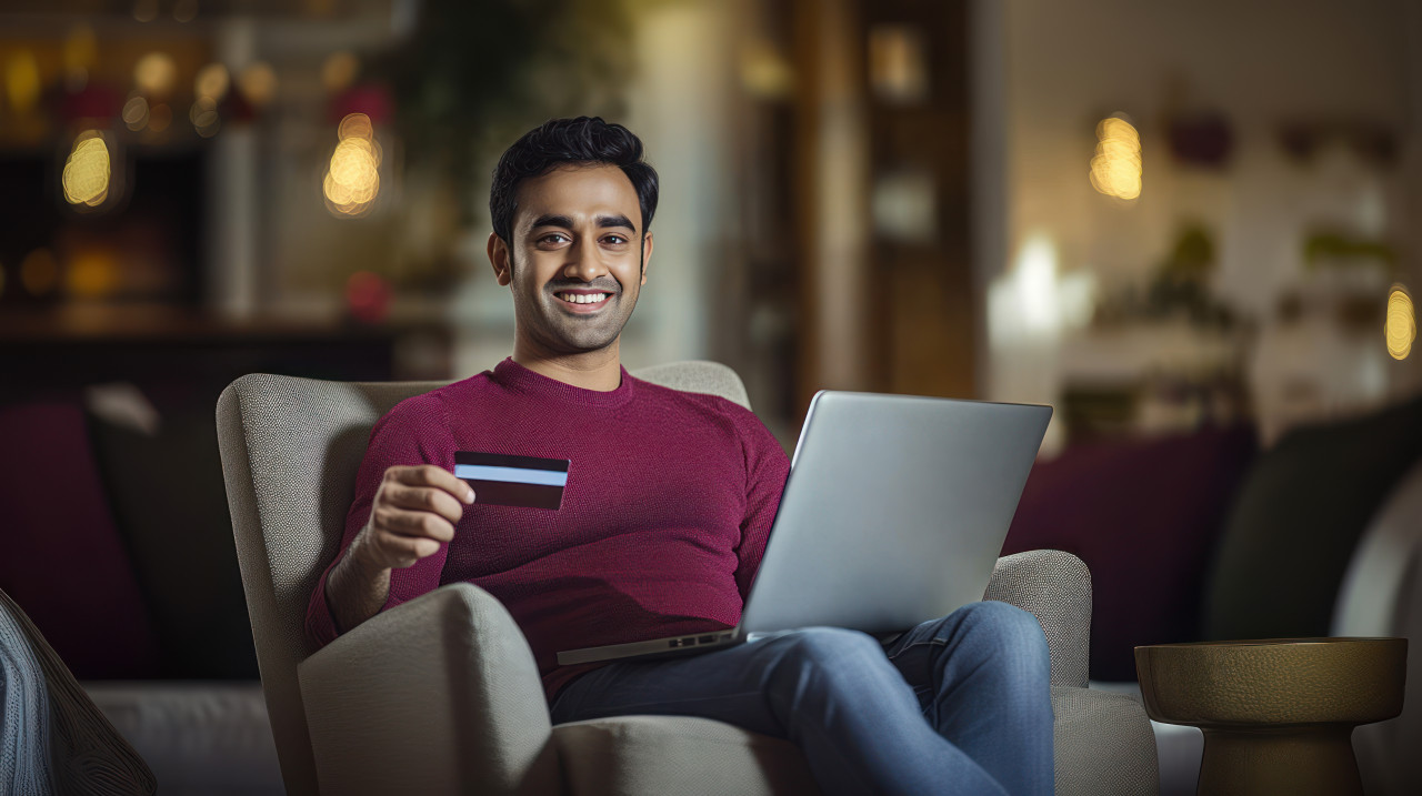 Indian man sitting in an armchair holding a credit card and a laptop atm service theme