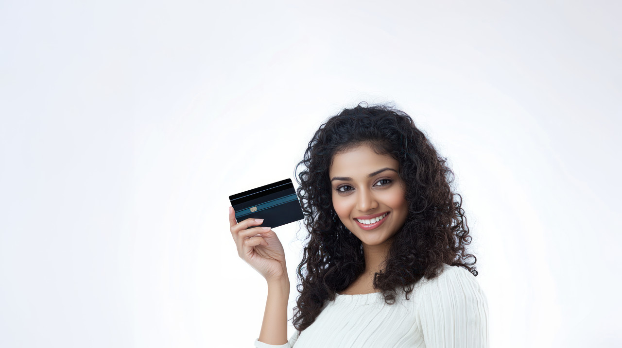 Indian woman with curly hair smiling and holding up her black credit card atm service concept