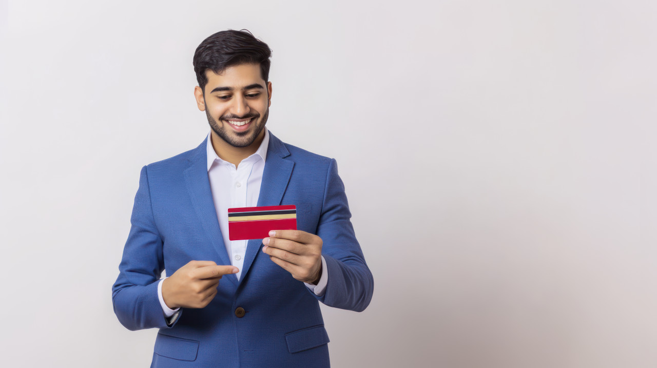 Indian man holding a red credit card against a white background atm service concept