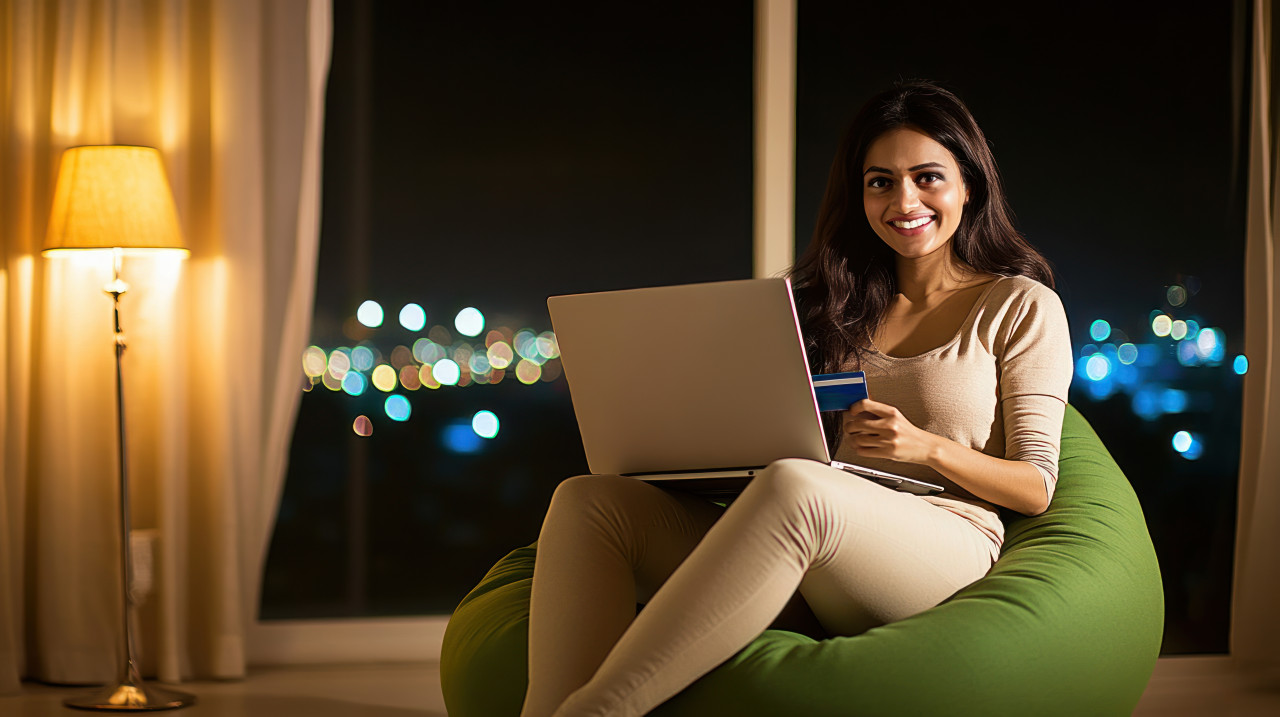 Indian woman sitting on a bean bag holding a credit card and using a laptop atm service theme