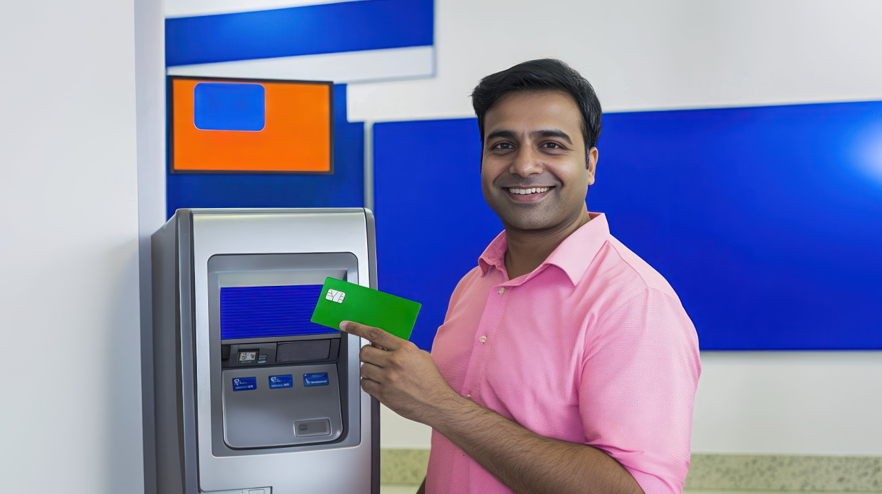Smiling indian man holding a green credit card in front of an atm atm service theme