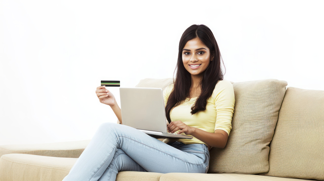 Indian woman smiling at the camera with her laptop and credit card atm service theme