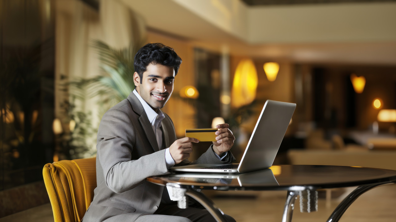 Indian businessman using a credit card and sitting at a table with a laptop atm service theme