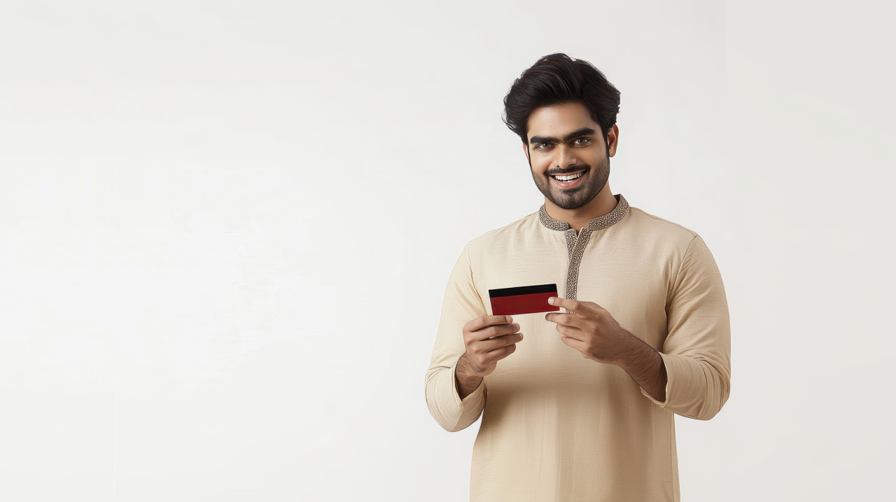 Indian man holding a credit card while wearing a beige outfit atm service concept