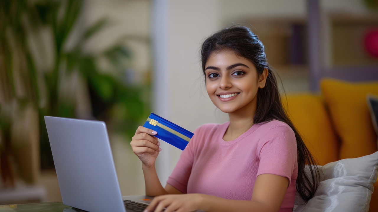 Indian woman holding a credit card and using a laptop for online shopping atm service concept
