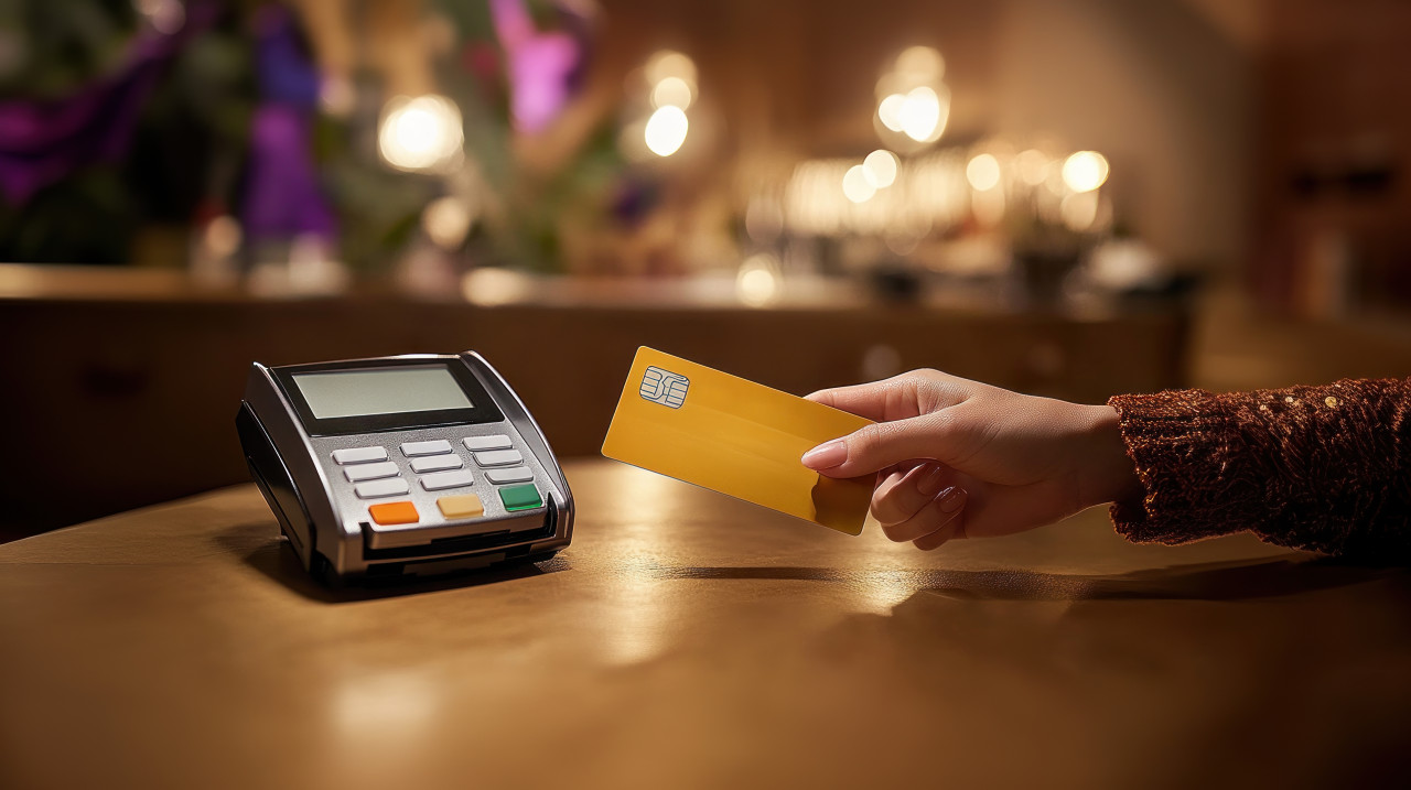 Woman hand holding a credit card and handing it to the counter at a restaurant atm service concept