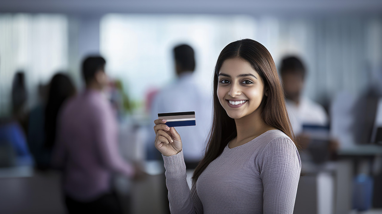 An indian woman holding up her credit card in an office setting atm service concept
