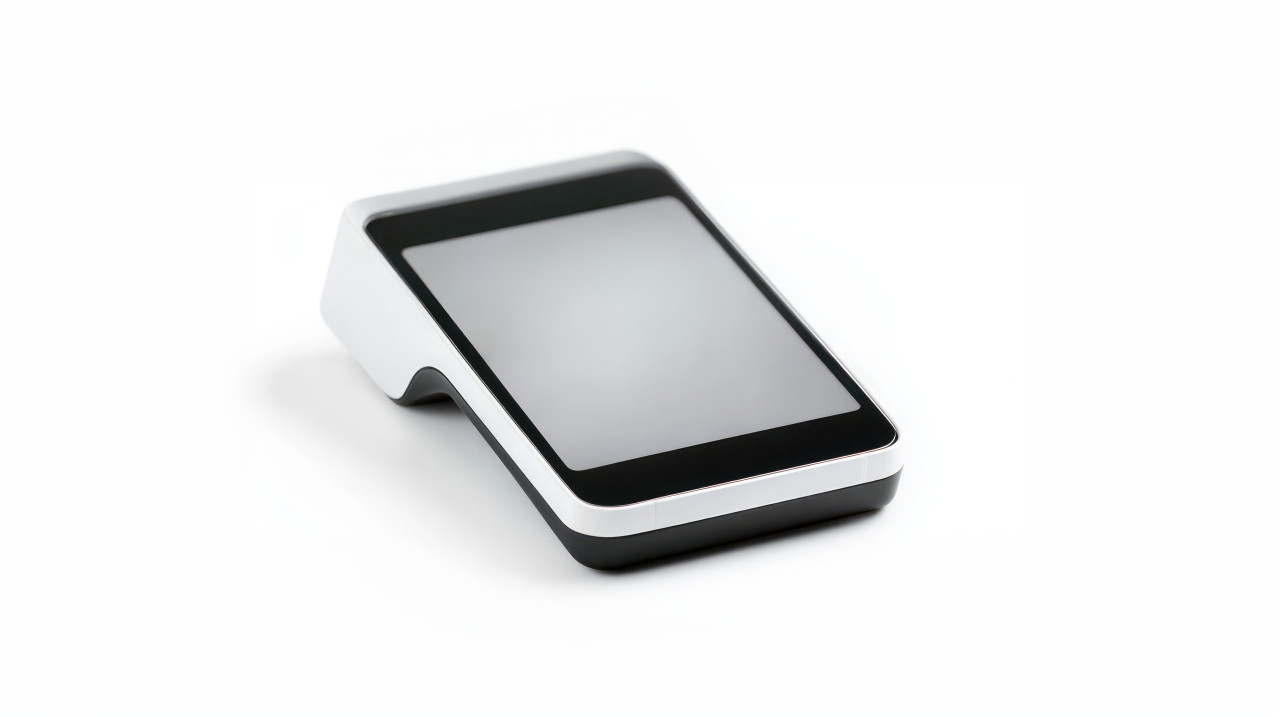 White mobile credit card terminal on a white background atm service idea