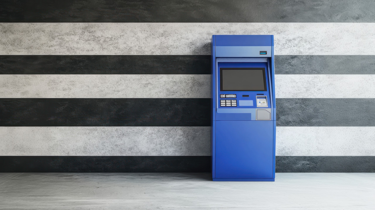 Blue metallic digital atm standing against a gray wall