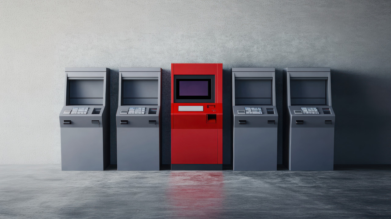 A row of grey machines with one red modern digital atm in the middle atm service idea