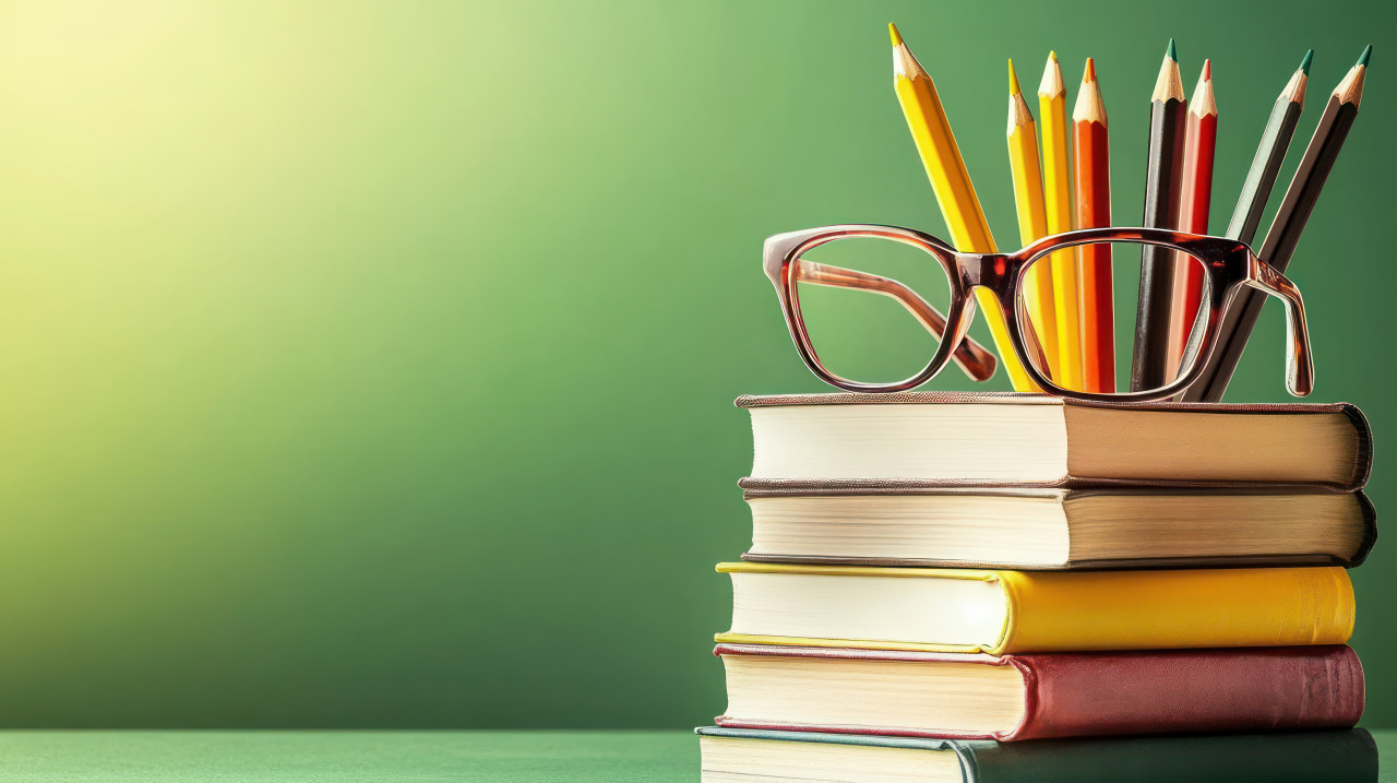 Books with glasses and pencils on top representing the pursuit of knowledge and education