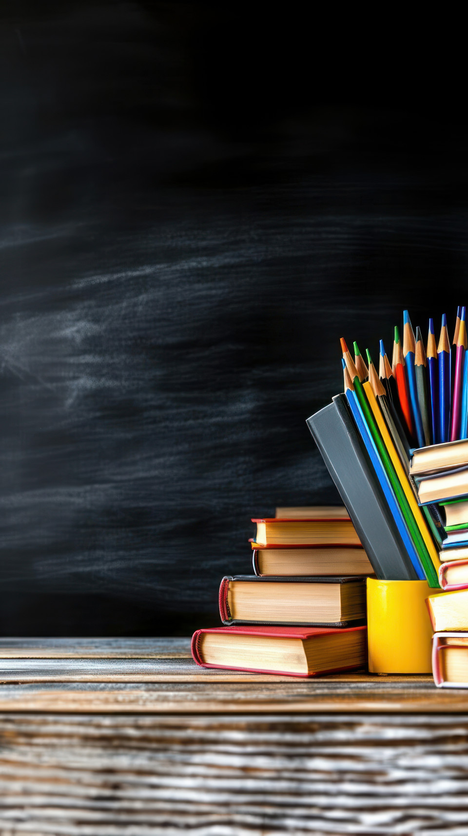 Chalkboard background with books and colored pencils on the right international literacy day