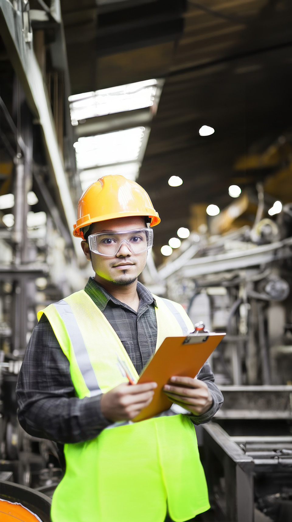 Indian male industrial worker holding a clipboard while working in the factory