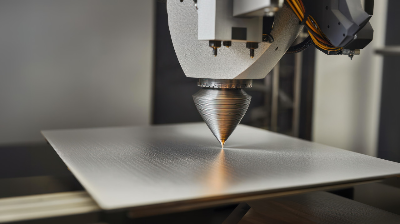 3d printer printing metallic material on a metal plate