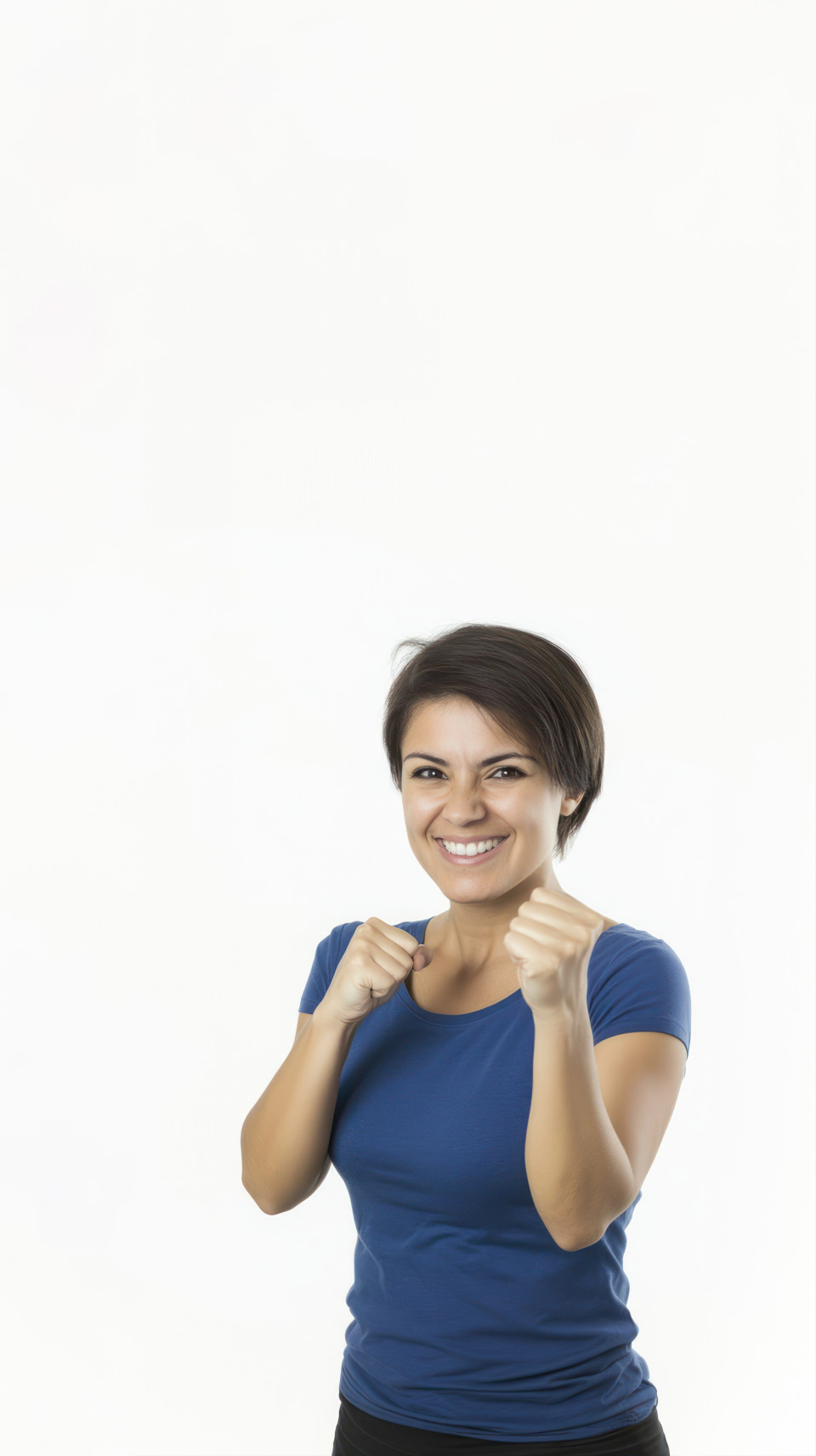Indian woman clenching her fist in a victory gesture on a white background incentives idea