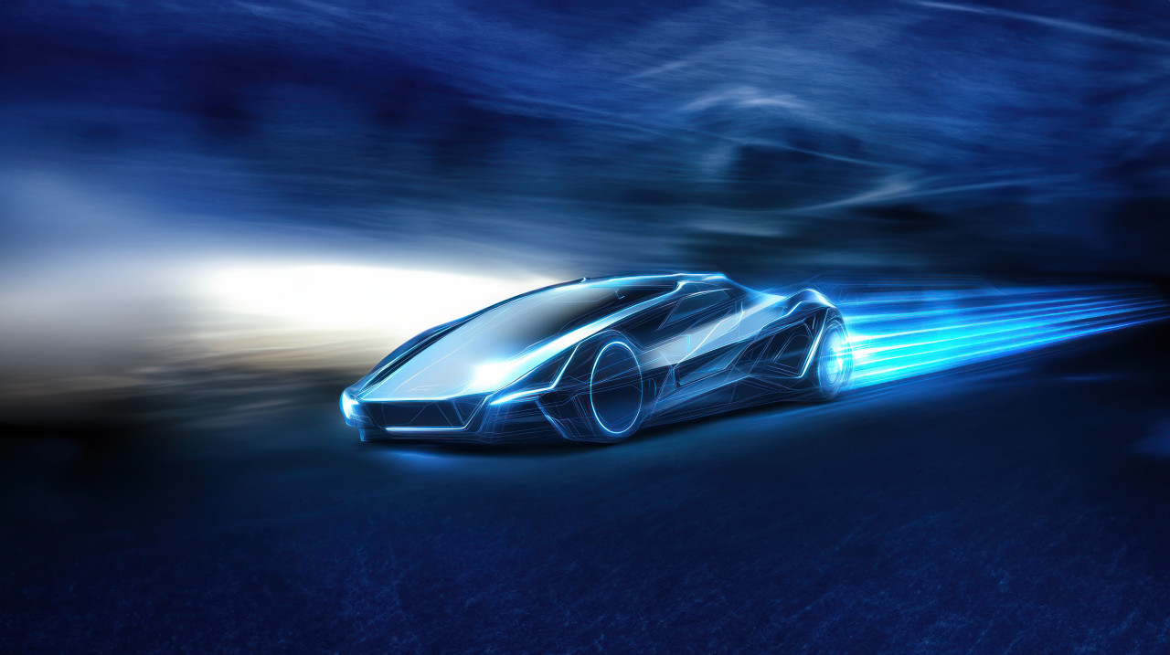 High speed electric car with blue light speed effect and glowing lines, illustrating dynamic motion and advanced technology, showcasing performance and innovation, electric vehicle