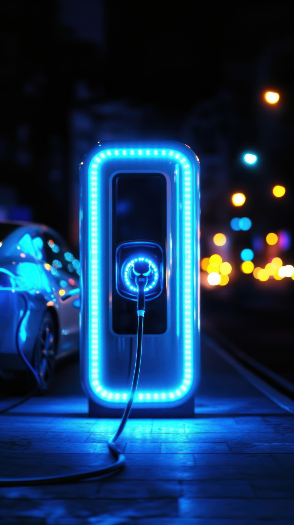 Charging station with blue neon lights illuminated by the soft glow of streetlights at night, highlighting modern technology and urban environment, promoting electric vehicle use