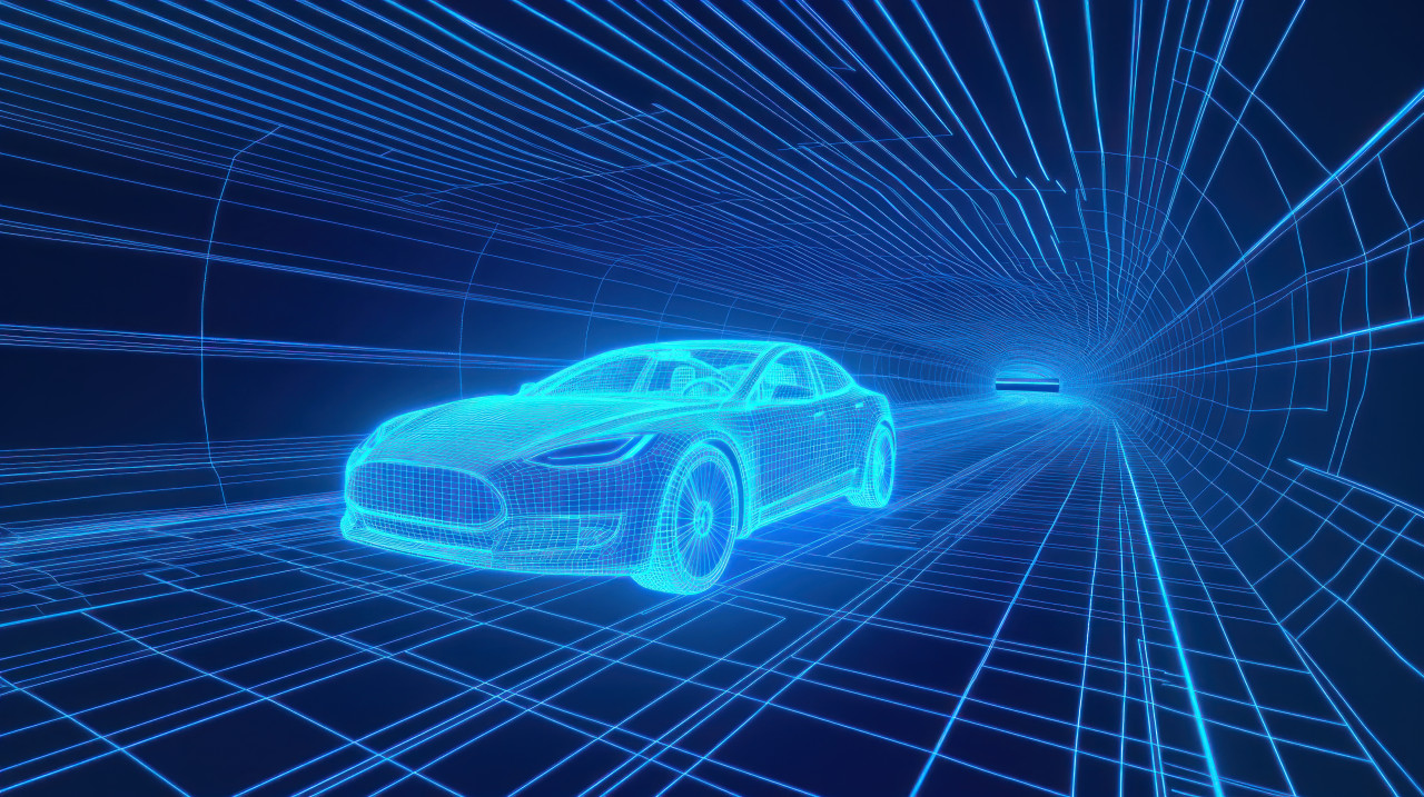 Wireframe hologram of electric car driving through tunnel, emphasizing futuristic design and technology, innovative transportation concept, electric vehicle