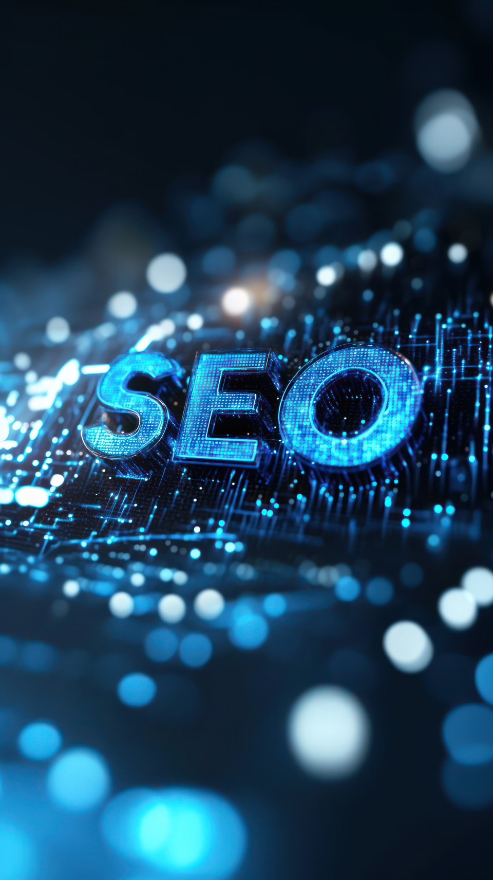 Text seo in the center of an abstract digital background featuring glowing lights and data streams, online visibility, symbolizing digital marketing