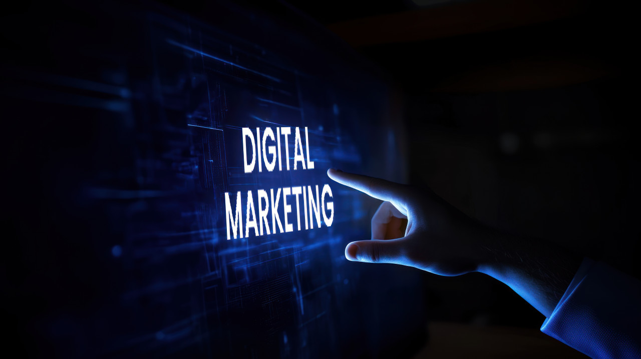 A hand touching a virtual screen displaying digital marketing, symbolizing interaction, online strategies, technology engagement