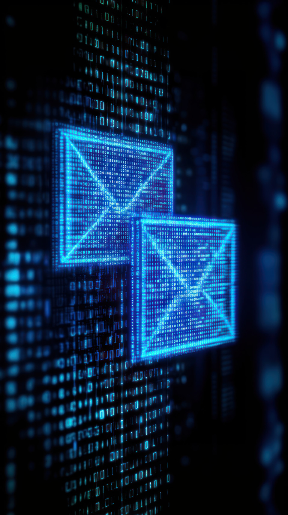 Two blue glowing digital envelopes on a black background with binary code in the foreground, symbolize digital marketing, email communication