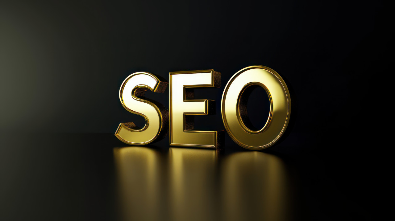 Gold 3d letters spelling seo floating on a black background, representing search engine optimization, bold metallic typography, digital marketing concept