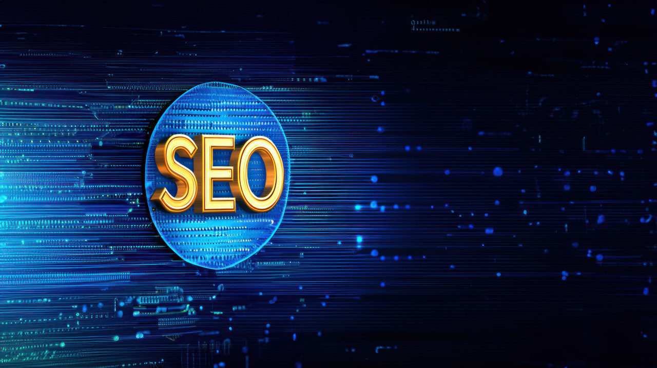 The word seo in shiny golden letters is displayed on a blue circuit board against a dark blue backdrop, representing technology and innovation, technology innovation, digital marketing